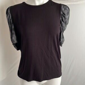 Ariella black stretch top with silver and black textured sleeves L